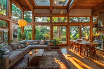 Fototapeta premium Cozy Modern Home with Large Windows and Smart Lighting in Winter Forest Setting - Perfect for Eco-Friendly Living