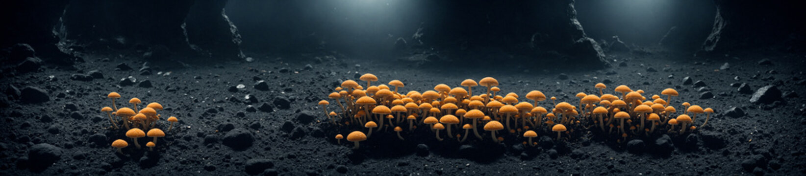 Orange psilocybin mushrooms,grow on a volvanic soil in groups in a specific volcanic microclimate. Digital photorealistic illustration. The medicine of the future, a super medicine, smart drug