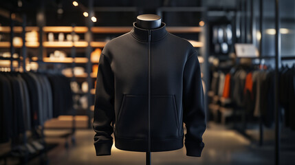 Mockup of a black zippered t-shirt in a shop, displayed on a mannequin, background of neat clothing racks and warm shop lighting, front view, Ai generated images