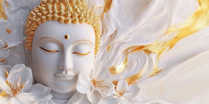 Serenity and luxury. Golden buddha with floral elements