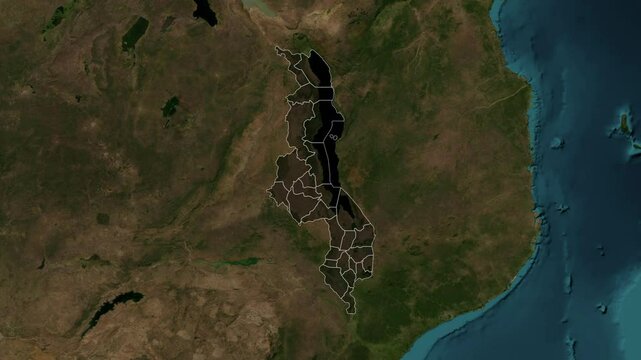 Zoom from Earth to Malawi. (with Provinces) World map animation with highlighted borders of countries. Images from NASA