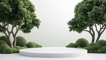 3d Pedestal Natural Scene With Tree Shapes: A Illustration Of A Podium For Kids' Product Presentations And Displays