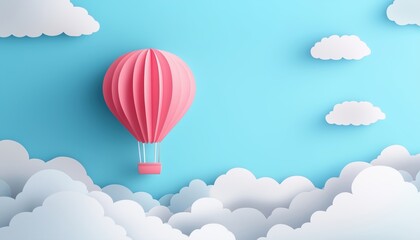 Obraz premium Paper-Cut Sky Landscape Banner With Hot Air Balloon And Realistic Clouds In Paper Craft Art For Kids' Promotion In Toy Store Or Childcare Product Discount.