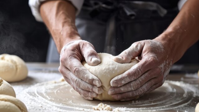 Close-up of hands holding dough and flour, a cook preparing for baking.