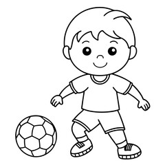 Obraz premium Joyful cartoon boy playing soccer with a ball for coloring on white background with copy space