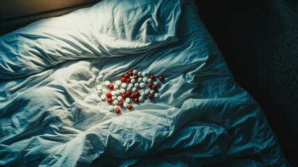 A pile of white and red pills on a messy, unmade bed with rumpled sheets under soft morning light.