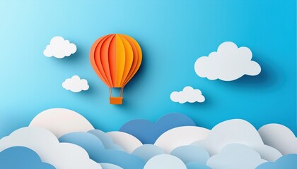 Realistic Paper Craft Sky Landscape Banner With Hot Air Balloon And Clouds, Perfect For Toy Store Discounts Or Child Care Products Promotion.