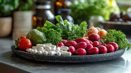 vitamin b supplements, wellness banner design featuring fresh veggies with b supplements to promote a balanced approach to meeting vitamin needs from natural sources