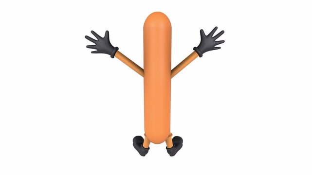 A vibrant hot dog character dances happily with raised arms