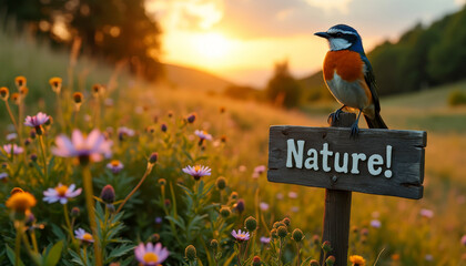 Un bel oiseau aux plumes vives se repose sur une pancarte, entouré de collines verdoyantes et d'une douce brise qui embaume l'air pur de la campagne.