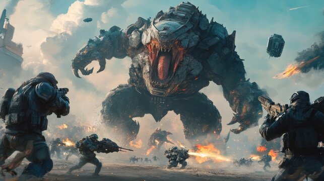 Monster war fighting battle action and robot army epic poster character game background wallpaper AI generated image