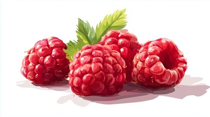An artistic, flat style illustration of juicy raspberries on a bright white background. The illustration captures the vivid color and texture of the raspberries with clean lines
