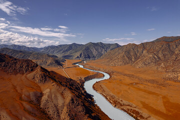 Beautiful autumn landscape Katun river and mountains, famous tourist spot in republic Altai...