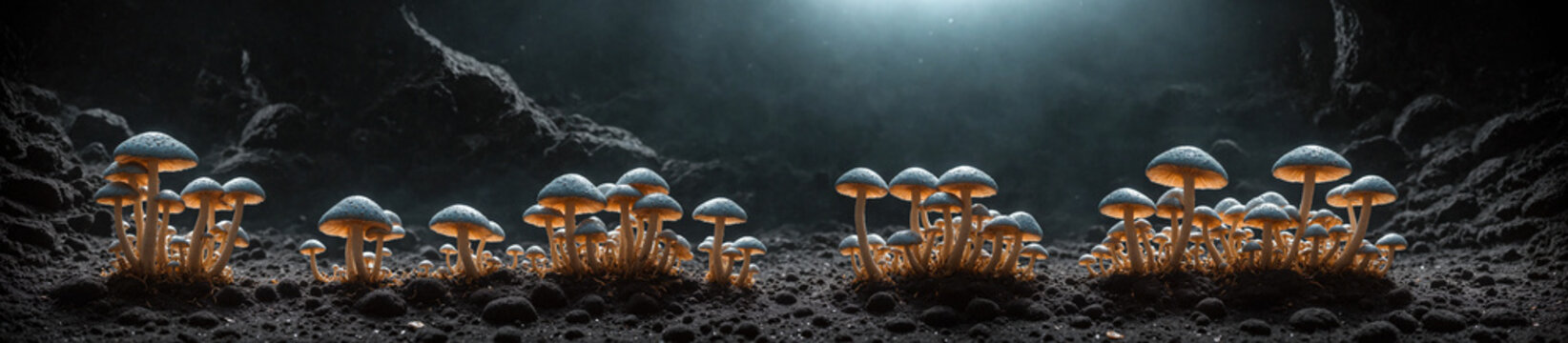 Psilocybin mushrooms with blue caps and yellow gills that glow brightly, grow in groups deep in the cave. Digital photorealistic illustration. The medicine of the future, a super cure, smart drug