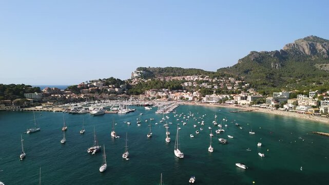 Aerial above boats in Port de Soller touristic harbor in Mallorca	