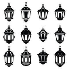 Set of Arabian Lantern Silhouette Icon - Transparent Background Clipart 