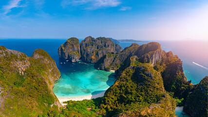 Lagoon Maya Bay , island Ko Phi Phi Leh, Thailand, aerial top view sunset. Amazing drone travel...