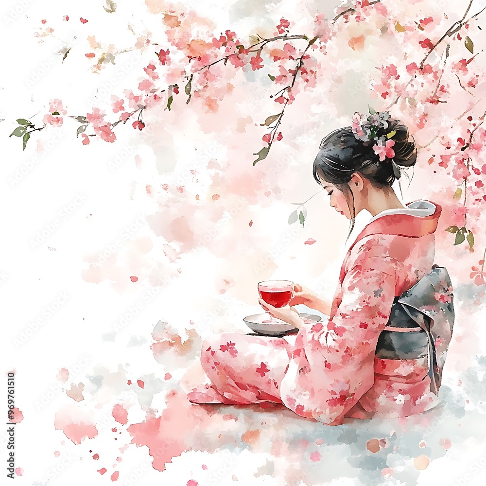 Sticker Woman in Kimono Holding Tea Under Cherry Blossom Tree Watercolor Illustration.