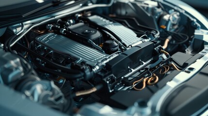 Fototapeta premium High-performance automotive engine with intricate details, representing cutting-edge vehicle technology and engineering excellence