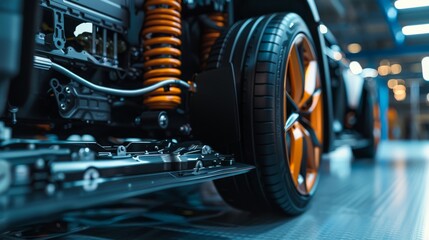 Obraz premium Close-up view of an electric vehicle's undercarriage highlighting the suspension and electric components in a modern workshop
