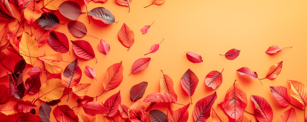 Illustration of autumn leaves lying on a yellow background. Banner and wallpaper concept.