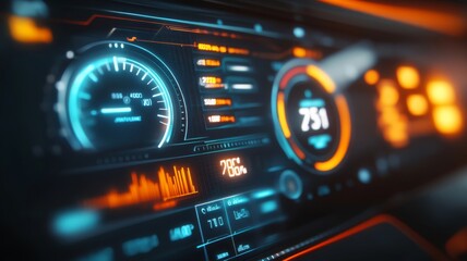 Close-up of futuristic car dashboard with digital speedometer and high-tech display interface in blue and orange colors, showing advanced technology and performance metrics