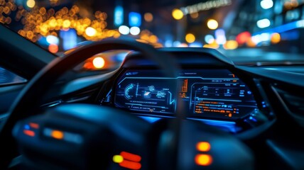 Futuristic car dashboard with glowing digital displays and controls in a modern electric vehicle