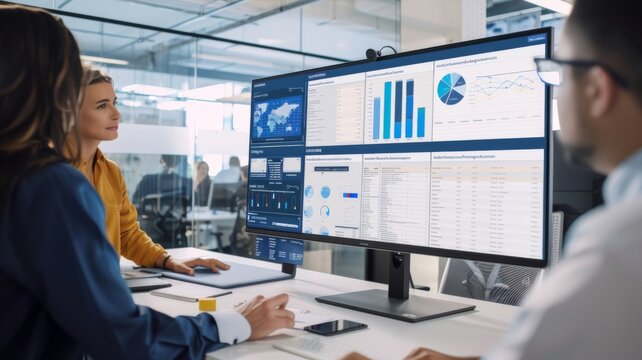 Business professionals analyzing financial data on multiple computer screens in a modern office
