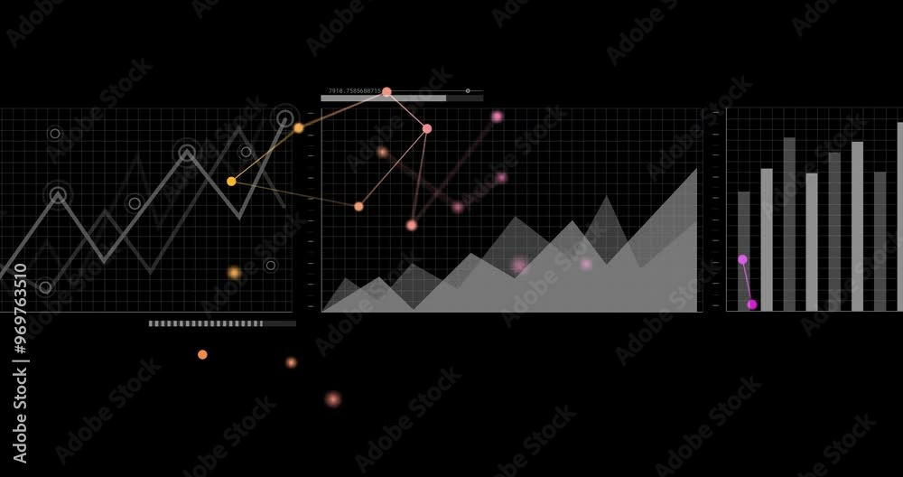 Poster graph and bar chart animation over data points and connections on black background