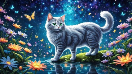A serene gray cat stands by a tranquil pond surrounded by colorful flowers and butterflies.