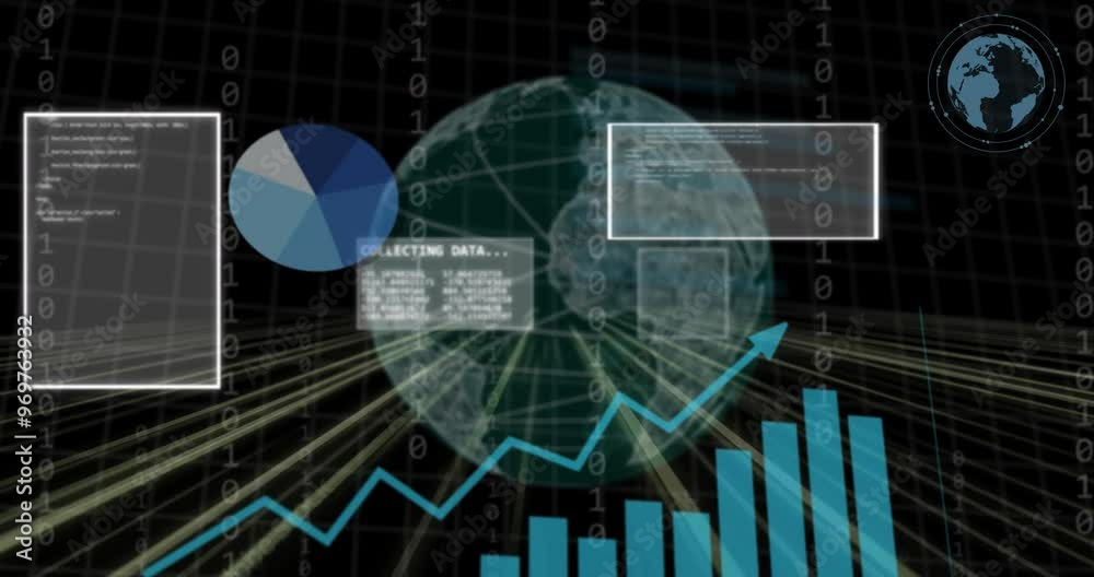 Poster collecting data animation over globe with charts and graphs