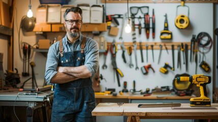 Experienced craftsman standing in a well-equipped workshop surrounded by various tools, wearing glasses and overalls, arms crossed with a confident look