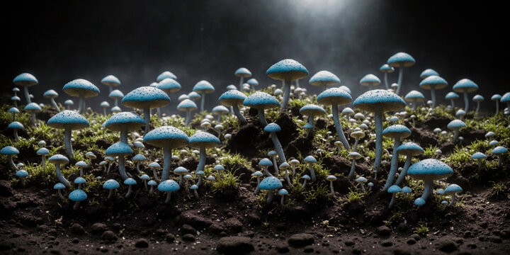 Psilocybin mushrooms with blue caps and yellow gills that glow brightly, grow in groups deep in the cave. Digital photorealistic illustration. The medicine of the future, a super cure, smart drug