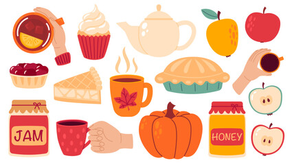Autumn cozy design elements. Set of fall apples, pumpkins, home bakery, cake, pie, jam, honey, coffee and tea cup. Flat Vector illustration isolated on white background