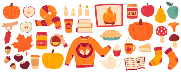 Autumn cozy design elements. Set of fall leaves, foliage apples, pumpkins, knitted socks, sweater, scarf, books, home bakery, coffee and tea cup. Flat Vector illustration isolated on white background