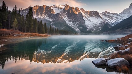 serene mountain landscape, crystal-clear lake, lake reflecting mountains, snow-covered peaks, mountain scenery, tranquil nature, peaceful mountains, alpine landscape, lake reflection, scenic mountain 