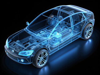 An Intricate Line Art 3D Illustration of a Modern Electric Car Chassis in X-Ray View, Highlighting the Vehicle Battery in a Studio Setting 