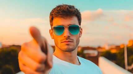 Young man with gradient sunglasses, practicing martial arts on a rooftop, dynamic movements