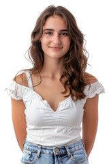 Fototapeta premium young beautiful woman in white top and jeans pants having her arms behind back and smiling isolated on white or transparent png