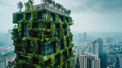 Eco-Friendly Skyscraper with Vertical Gardens and Solar Shading in Modern Cityscape