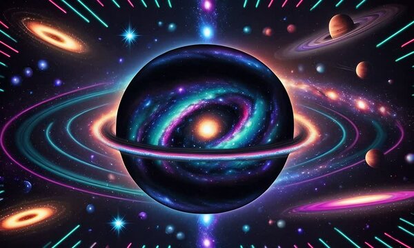 Psychedelic cosmic animation. Bright universe animation with vivid galaxy and nebulas, illustrations transformations and metamorphose. AI generated cinematic video