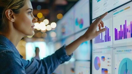 Businesswoman interacting with financial data on large screens in modern office using data visualization tools for market analysis