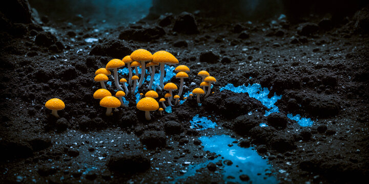 Blue and yellow psilocybin mushrooms, glow brightly, grow on a volvanic soil in groups deep in the cave. Digital photorealistic illustration. The medicine of the future, a super medicine, smart drug