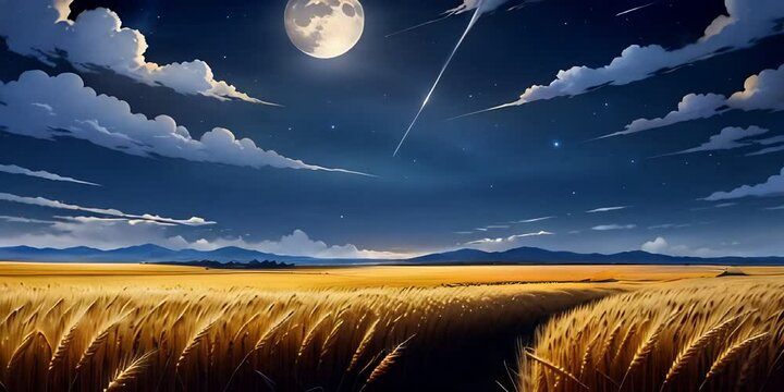 Wheat field at night, beautiful sky and moonlight. Rural landscape, bright animation with illustrations transformations and metamorphose. AI Generative AI