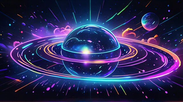 Futuristic cosmic animation with deep space, neon galaxy, rotating universe. Bright cosmic animation with illustrations transformations, music visualization concept. AI generated video