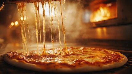 A cinematic of a pizza being pulled from the oven, with strings of melted cheese stretching from the slice. The environment is a modern pizzeria kitchen with warm, ambient