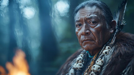 Obraz premium close-up of an elderly man dressed in jaguar skin and bone ornaments from the pre-Hispanic period, standing next to a bonfire in a dense forest. The firelight casts dramatic reflec