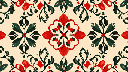 Portuguese Inspired Pattern - pattern, floral, red, green, flower, vintage, seamless, tile, repetition, symmetrical, decorative, traditional, textile, design, ornate