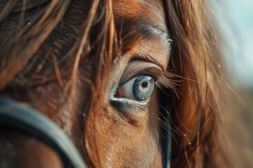 A close-up portrait of a horse's eye, showcasing its soft blue color and long lashes