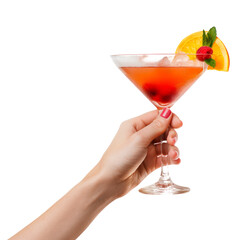 Alcoholic cocktail in hand isolated on white or transparent background. Strawberry cocktail in woman hands close-up.